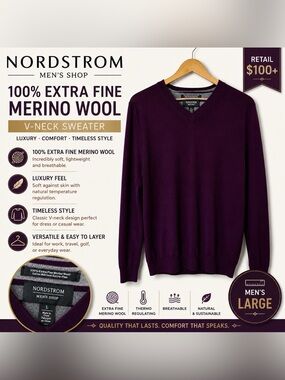 Nordstrom Men’s Shop 100% Extra Fine Merino Wool V-Neck Sweater Large